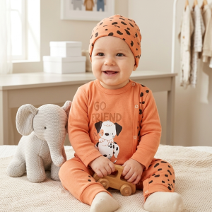 Бебешки комплект ромпър и шапчица „Happy Dalmatian“ в цвят теракота Бебешки комплект ромпър и шапчица „Happy Dalmatian“ в цвят теракота