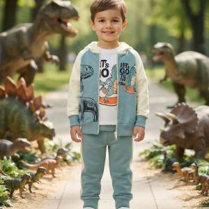 Детски спортен комплект с качулка „Dinosaur / Let’s Go“ (Зелено и бежово)