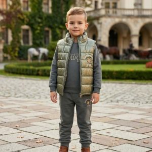 Детски трицеларов комплект с капитониран елек „Polo Club“ (Зелено и сиво)